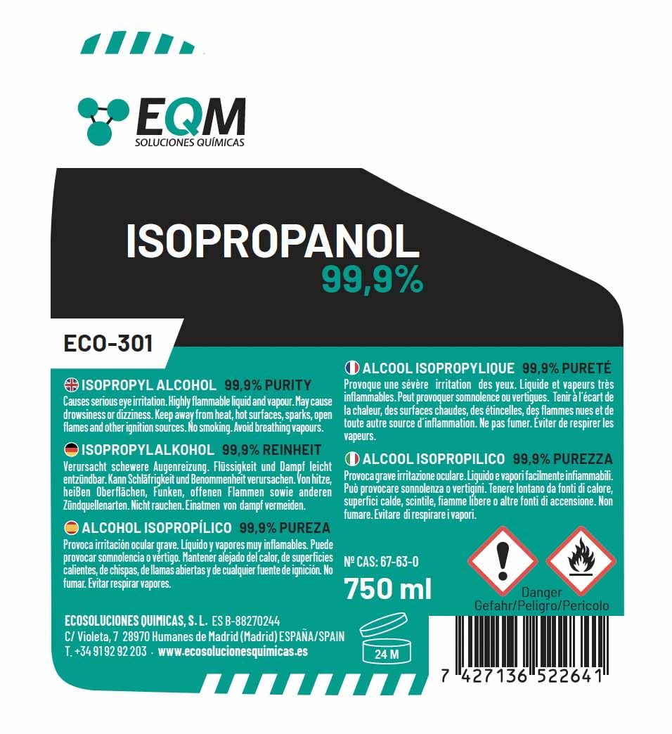 EQM - ECO-301 - Isopropanolo / Alcool Isopropilico 99,9% - 750 ML - Pulizia di Componenti Elettronici, Lenti, Schermi e Resine per Stampa 3D - Detergente per Vetri e Sgrassatore