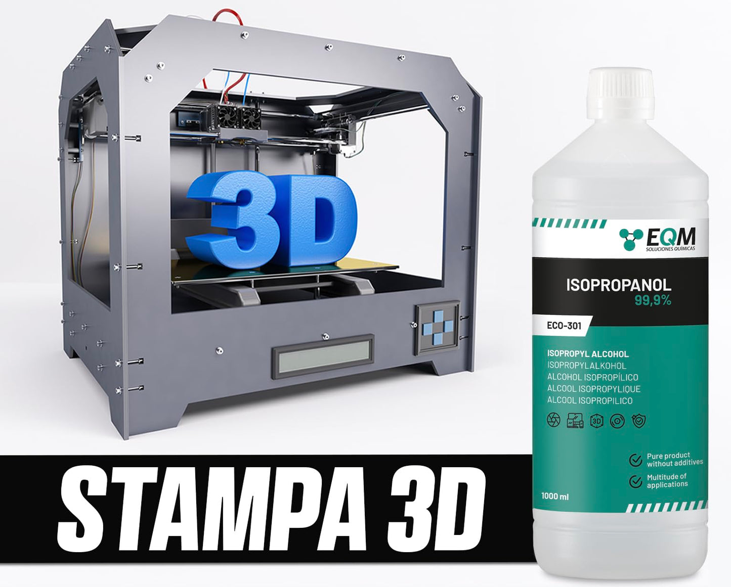 EQM - ECO-301 - Isopropanolo / Alcool Isopropilico 99,9% - 1L - Pulizia di Componenti Elettronici, Lenti, Schermi e Resine per Stampa 3D - Detergente per Vetri e Sgrassatore