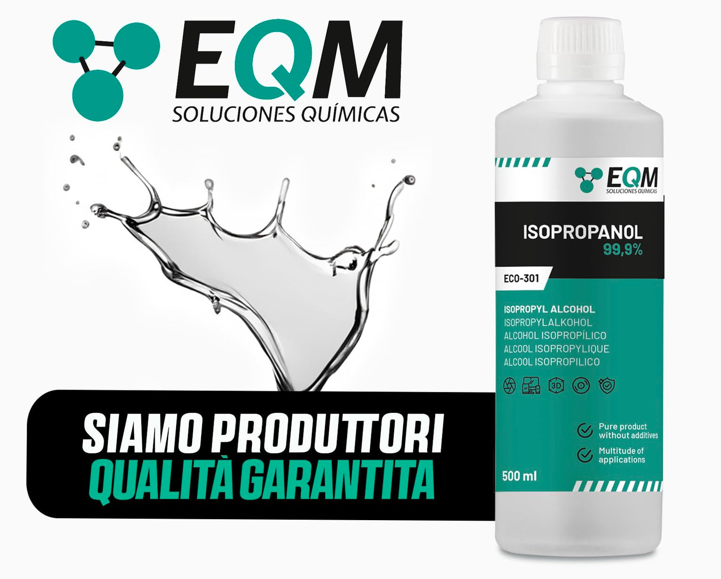 EQM - ECO-301 - Isopropanolo/Alcool Isopropilico 99,9% - 500 ML - Pulizia di Componenti Elettronici, Lenti, Schermi e Resine per Stampa 3D - Detergente per Vetri e Sgrassatore