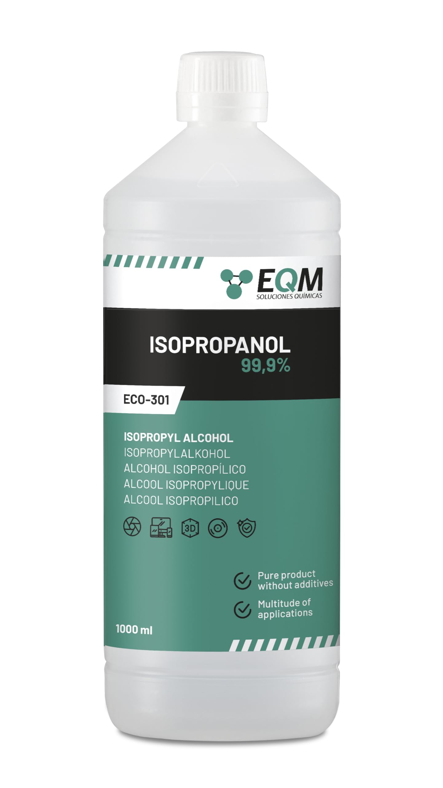 EQM - ECO-301 - Isopropanolo / Alcool Isopropilico 99,9% - 1L - Pulizia di Componenti Elettronici, Lenti, Schermi e Resine per Stampa 3D - Detergente per Vetri e Sgrassatore