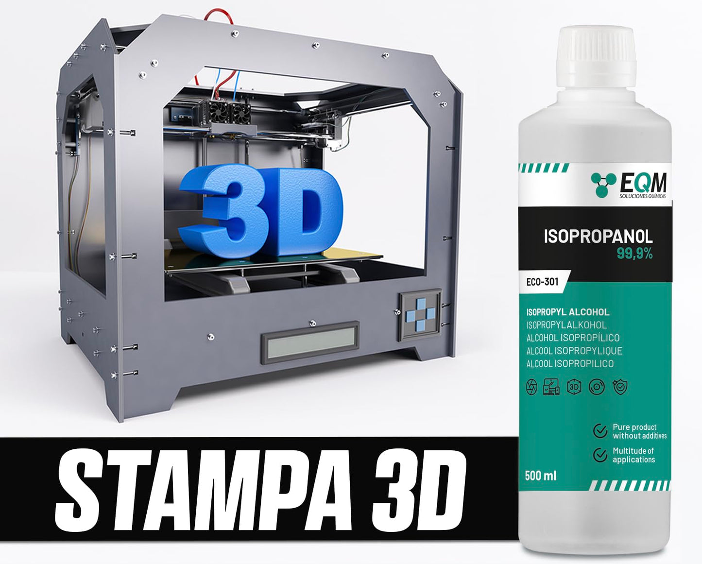 EQM - ECO-301 - Isopropanolo/Alcool Isopropilico 99,9% - 500 ML - Pulizia di Componenti Elettronici, Lenti, Schermi e Resine per Stampa 3D - Detergente per Vetri e Sgrassatore