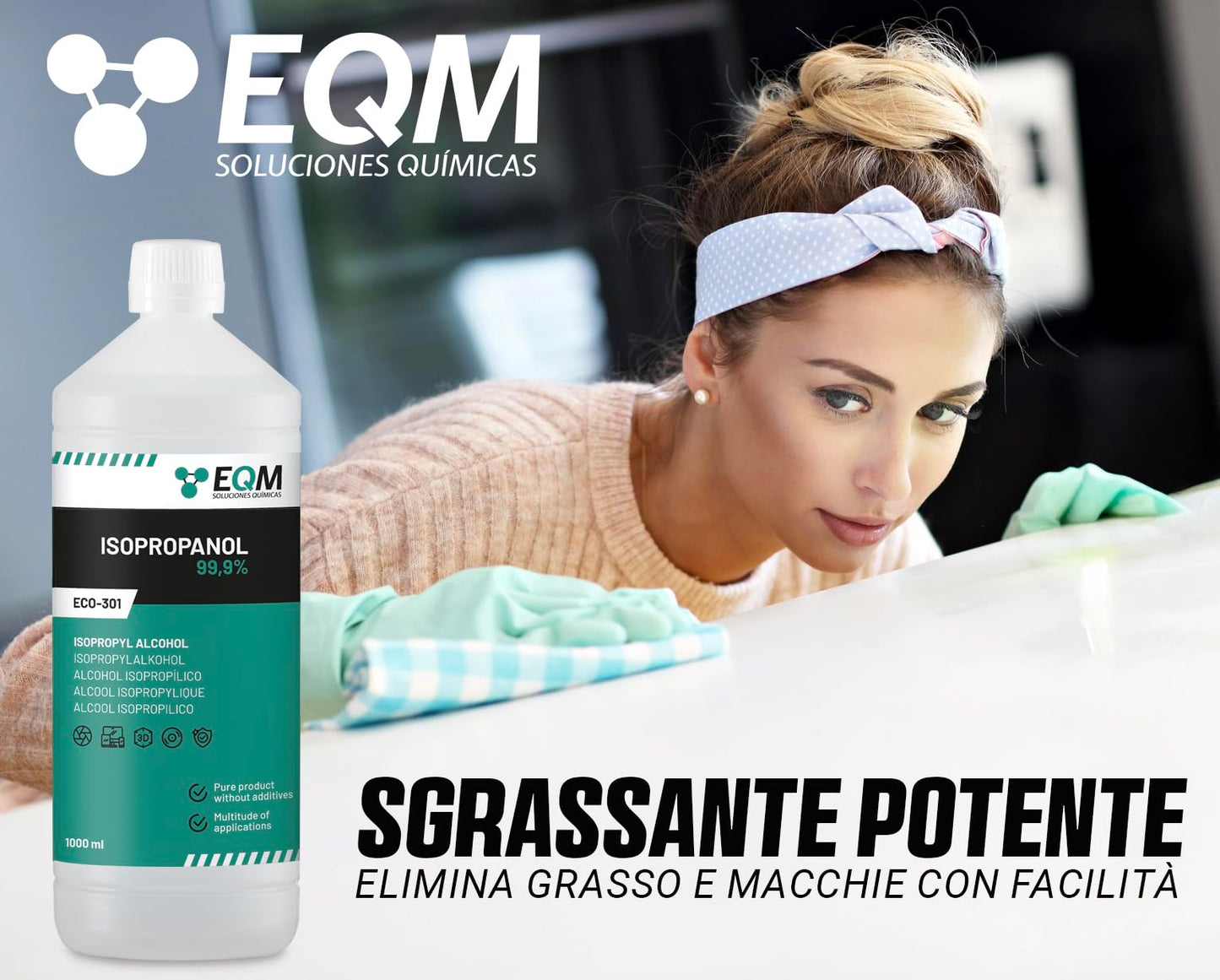 EQM - ECO-301 - Isopropanolo / Alcool Isopropilico 99,9% - 1L - Pulizia di Componenti Elettronici, Lenti, Schermi e Resine per Stampa 3D - Detergente per Vetri e Sgrassatore
