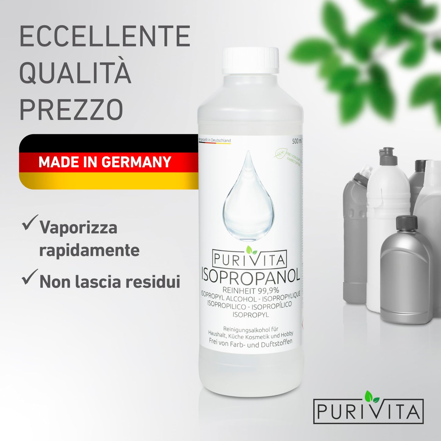 PURIVITA® Alcool Isoproilico 99,9% [500ML] - Alcol Isopropanolo - Isopropyl Alcohol Disinfettante - Alcool Denaturato Etilico - Isopropanol Detergente per Casa, l'industria & l'elettronica