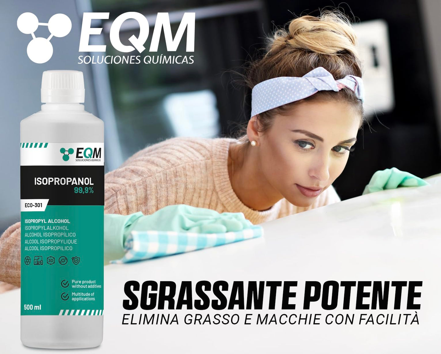 EQM - ECO-301 - Isopropanolo/Alcool Isopropilico 99,9% - 500 ML - Pulizia di Componenti Elettronici, Lenti, Schermi e Resine per Stampa 3D - Detergente per Vetri e Sgrassatore