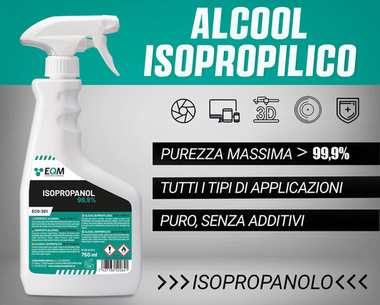 EQM - ECO-301 - Isopropanolo / Alcool Isopropilico 99,9% - 750 ML - Pulizia di Componenti Elettronici, Lenti, Schermi e Resine per Stampa 3D - Detergente per Vetri e Sgrassatore