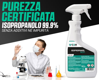 EQM - ECO-301 - Isopropanolo / Alcool Isopropilico 99,9% - 750 ML - Pulizia di Componenti Elettronici, Lenti, Schermi e Resine per Stampa 3D - Detergente per Vetri e Sgrassatore