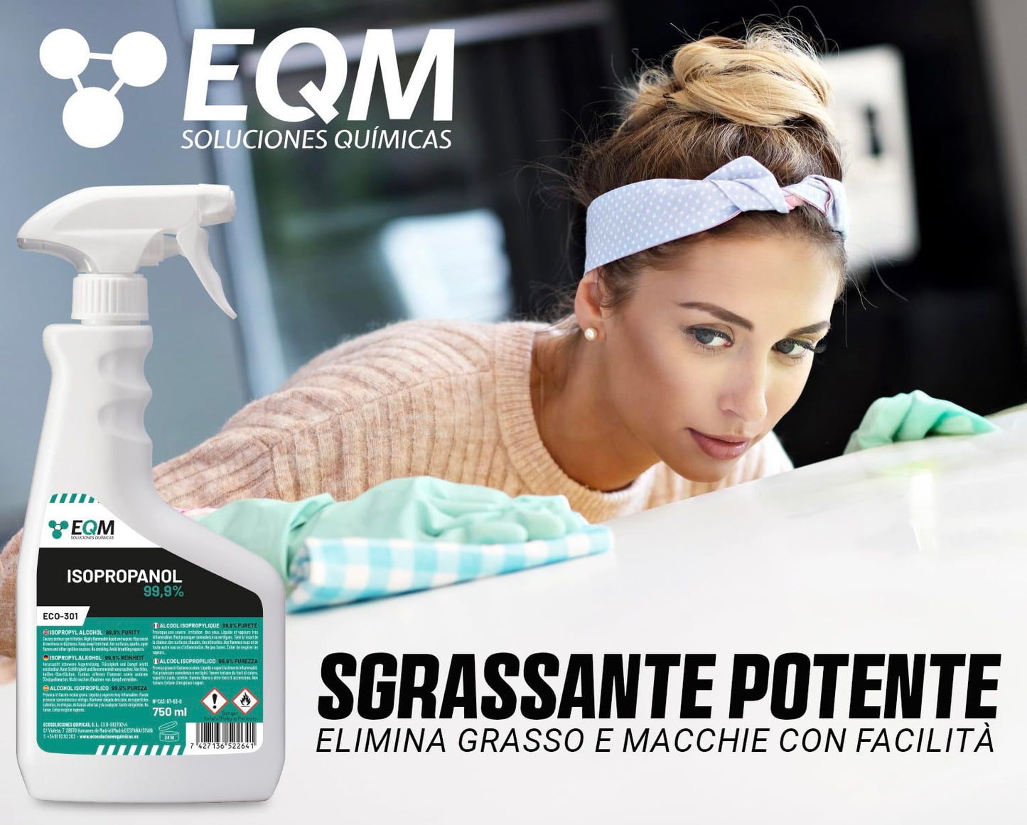 EQM - ECO-301 - Isopropanolo / Alcool Isopropilico 99,9% - 750 ML - Pulizia di Componenti Elettronici, Lenti, Schermi e Resine per Stampa 3D - Detergente per Vetri e Sgrassatore