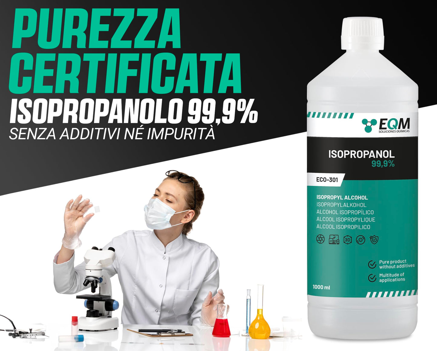 EQM - ECO-301 - Isopropanolo / Alcool Isopropilico 99,9% - 1L - Pulizia di Componenti Elettronici, Lenti, Schermi e Resine per Stampa 3D - Detergente per Vetri e Sgrassatore