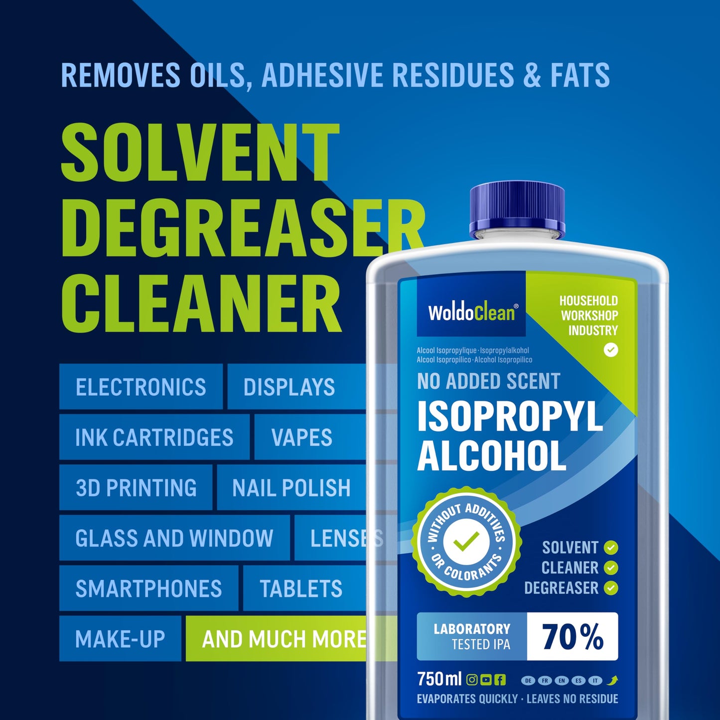 WoldoClean Alcool Isopropilico 70% Detergente IPA 750ml - Isopropanolo Solvente Sgrassante per Elettronica, Vetro, Ottica, Unghie e Meccanica, Evaporazione Rapida Senza Residui