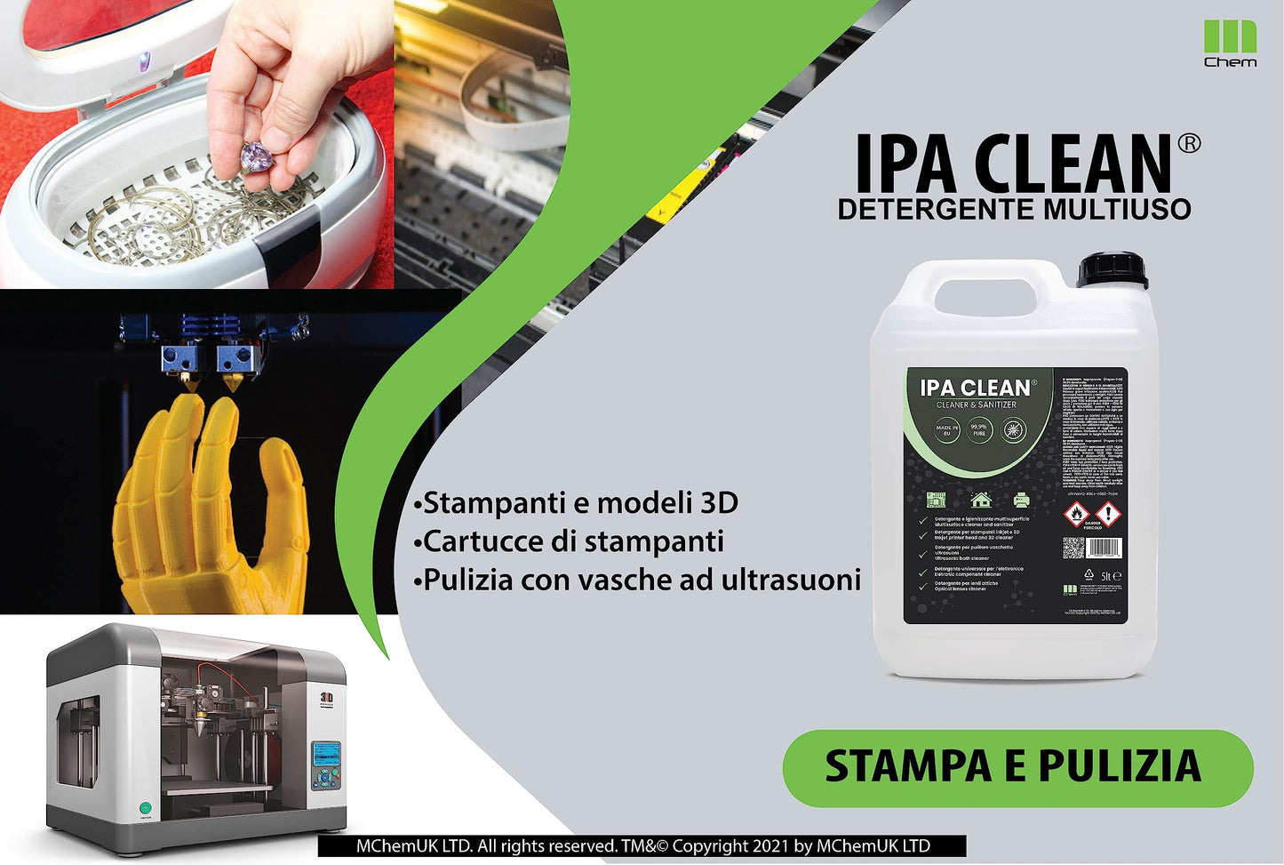 IPA Clean, Isopropanolo, Alcool Isopropilico, Alcool puro al 99,9%, Pulizia Stampanti 3D, Elettronica, Detergente per Vaschette ad Ultrasuoni, Multiuso - tanica da 5 litri