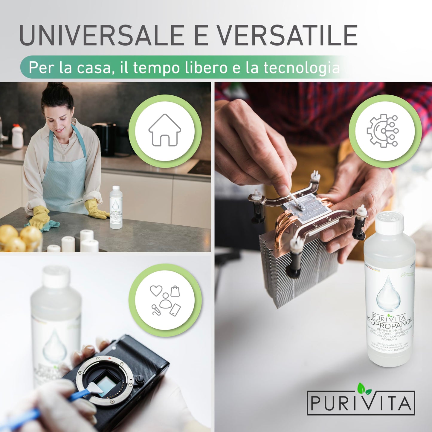 PURIVITA® Alcool Isoproilico 99,9% [500ML] - Alcol Isopropanolo - Isopropyl Alcohol Disinfettante - Alcool Denaturato Etilico - Isopropanol Detergente per Casa, l'industria & l'elettronica