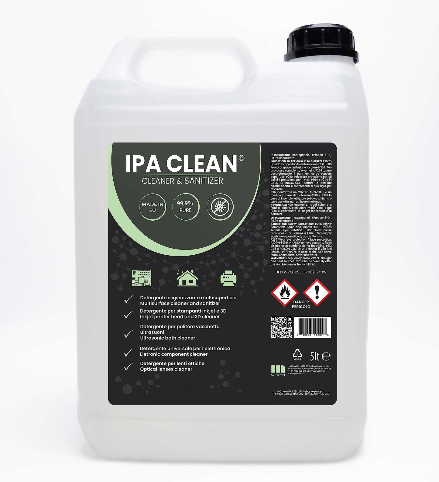 IPA Clean, Isopropanolo, Alcool Isopropilico, Alcool puro al 99,9%, Pulizia Stampanti 3D, Elettronica, Detergente per Vaschette ad Ultrasuoni, Multiuso - tanica da 5 litri
