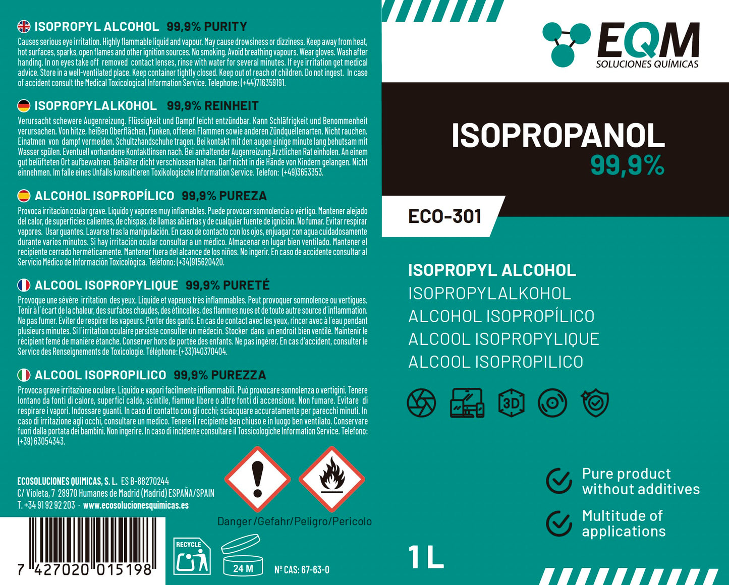 EQM - ECO-301 - Isopropanolo / Alcool Isopropilico 99,9% - 1L - Pulizia di Componenti Elettronici, Lenti, Schermi e Resine per Stampa 3D - Detergente per Vetri e Sgrassatore
